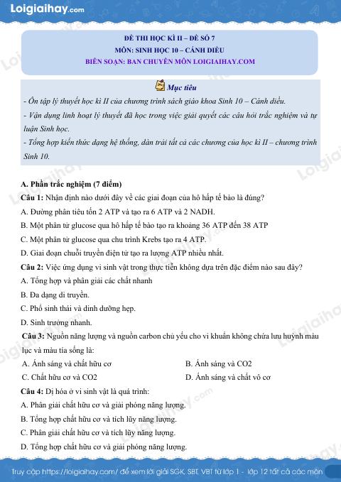 Đề thi học kì 2 Sinh 10 Cánh diều - Đề số 7